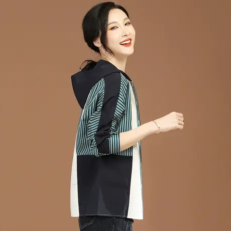 韩潮袭人连帽条纹宽松中长款外套女2024春装新款休闲百搭防晒衫薄图片