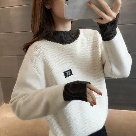 2023秋冬新款撞色毛衣女文艺气质休闲百搭宽松显瘦长袖打底衫内搭商品大图