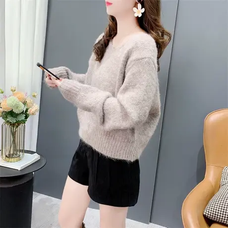 复古V领软糯套头毛衣女秋冬2023新款冬季韩版宽松短款小个子上衣商品大图