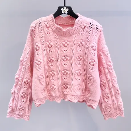 日系钩花镂空毛衣女秋冬2023新款宽松慵懒风温柔减龄针织衫上衣商品大图
