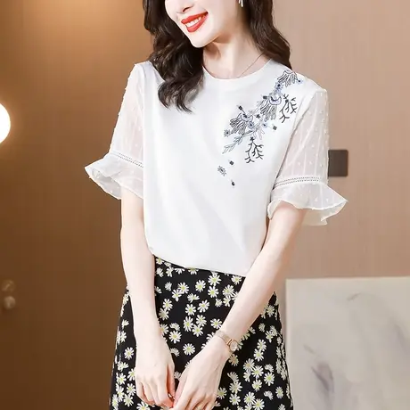 2023夏季新款别致小众圆领拼接雪纺衫喇叭袖印花棉T恤宽松女上衣商品大图