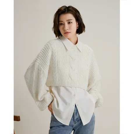 弥古白色短款毛衣女春秋外穿披肩针织衫秋冬法式慵懒风灯笼袖上衣商品大图