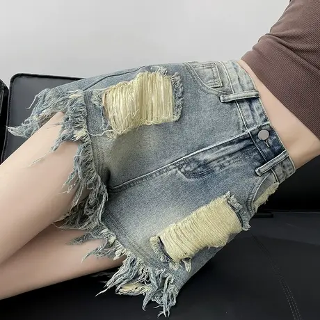 破洞水洗牛仔短裤女夏季薄款高腰显瘦流苏毛边复古辣妹直筒热裤子商品大图