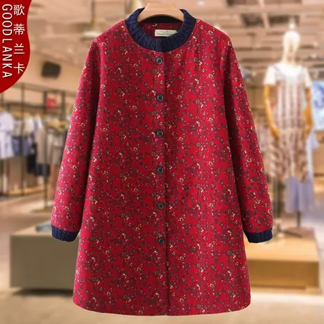 中年加肥加大码女秋冬风衣胖妈妈中长款洋气碎花薄款夹棉棉衣外套商品大图