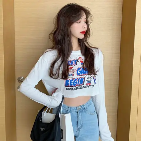 网红长袖t恤女ins超火纯棉宽松韩版学生短款露脐百搭mschf上衣潮图片