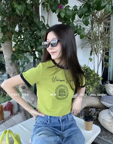十三行女装简约短款撞色休闲短袖T恤女2023早春新款高腰显瘦上衣商品大图
