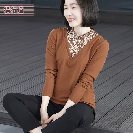 2025春季新款简约撞色假两件拼接碎花长袖T恤女装大码外穿上衣服图片