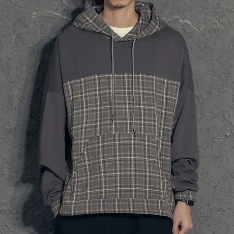 奕飏宽松格子拼接卫衣男连帽春秋款2020薄款上衣ins国潮男士春装商品大图