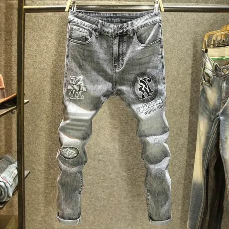 欧洲站潮流烫钻牛仔裤男款修身小脚裤黑灰色潮牌印花休闲弹力长裤商品大图