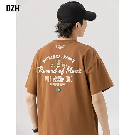 男士咖啡色纯棉t恤男美式短袖夏季男款半袖潮牌男装2023新款体恤商品大图