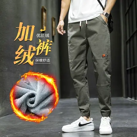 秋冬季军绿色男士加绒运动工装休闲裤子2023新款加厚男裤防风保暖商品大图