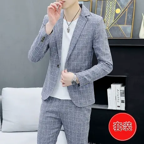 格子男士休闲西服套装潮流韩版修身帅气小西装外套秋季商务两件套商品大图