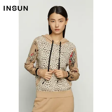 INSUN恩裳豹纹撞色拼接春季米色带帽毛针织衫图片