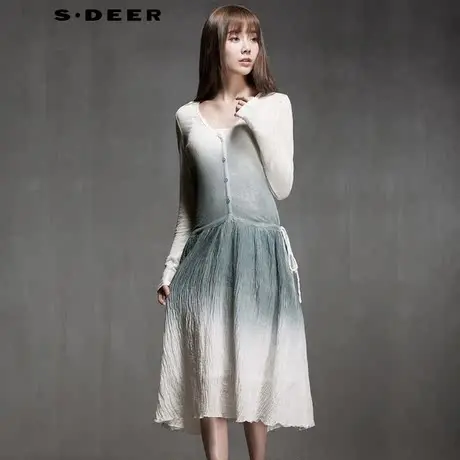 sdeer圣迪奥2017秋装拼接渐变修身显瘦气质棉麻连衣裙S15161215图片