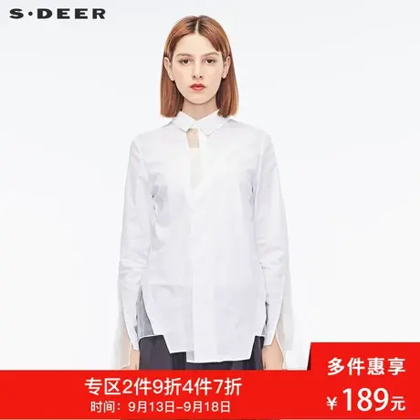 sdeer圣迪奥女装休闲中性素白纱拼接不规则摆长袖衬衫S17380574图片