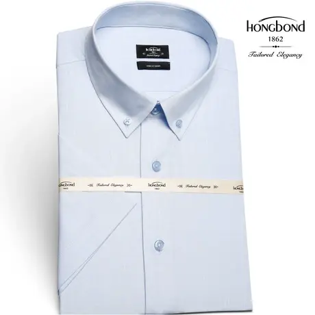 红邦创衣 2023夏季短袖蓝色商务休闲衬衫男士免烫抗皱方领衬衣男图片