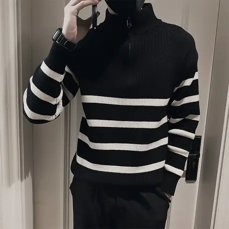 高领毛衣男冬款加厚ins小众设计感条纹拼接半拉链轻熟打底针织衫图片
