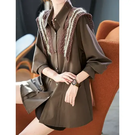 宝诗黎针织拼接设计感衬衫女长袖宽松2023秋冬季新款休闲内搭衬衣商品大图