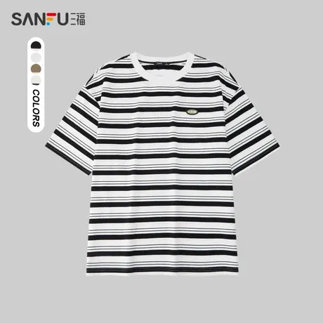 三福2024夏季男士重磅粗细横条纹短T恤 休闲圆领上衣男481085商品大图