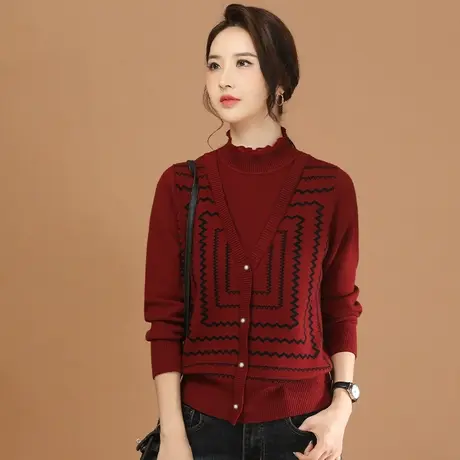 韩潮袭人半高领假两件格纹红色毛衣女2023冬季新款休闲针织衫图片