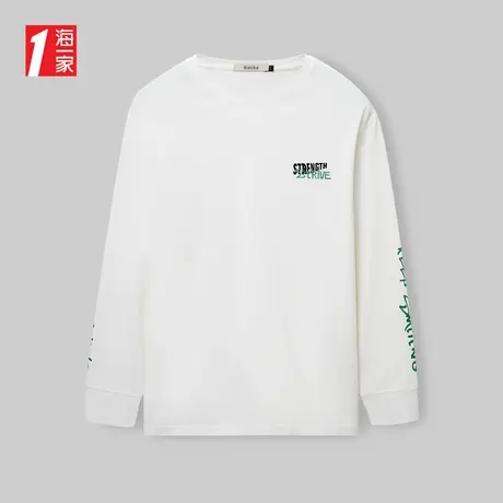 海一家舒适圆领打底衫2024春季新款时尚绣花青男士长袖T恤商品大图