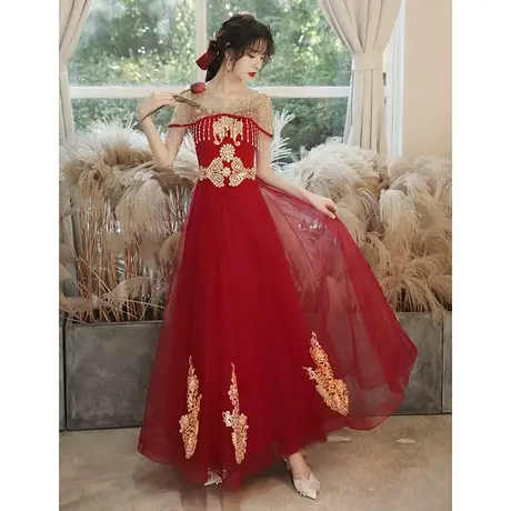 敬酒服新娘2023新款秋季大气酒红色结婚回门礼服女中国风流苏长款图片