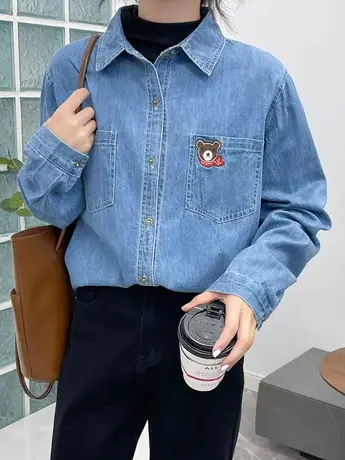 软牛仔刺绣POLO翻领单排扣休闲外套复古叠穿宽松外穿ins牛仔衬衫商品大图