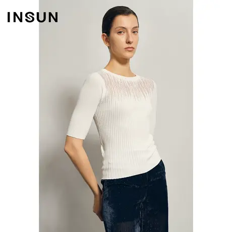 INSUN恩裳春季细坑条半袖显瘦毛针织衫图片