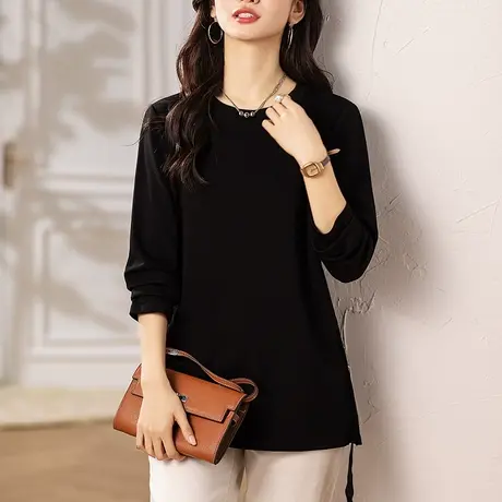 长袖t恤女春季新款大码女装宽松中老年妈妈中长款洋气显瘦打底衫商品大图