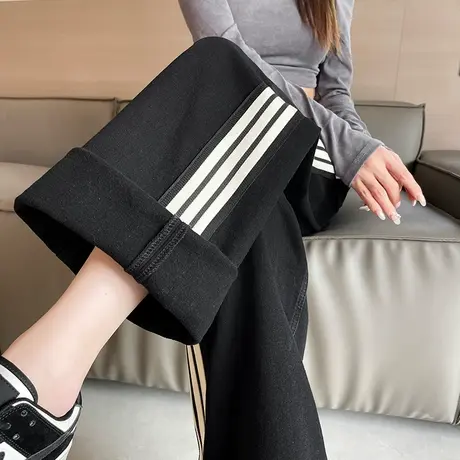 美式三道杠阔腿裤女2024春秋新款高腰宽松显瘦垂感直筒拖地运动裤图片