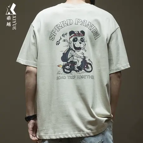 国潮机车熊短袖T恤男2024春季重磅260g三本针男士打底衫宽松大码商品大图