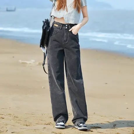 唐狮春季新款牛仔裤女高腰显瘦宽松阔腿裤复古韩版潮流裤子女图片