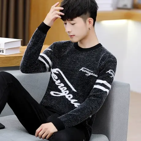 冬季圆领毛衣男士韩版马海毛线衣男装保暖上衣加绒加厚针织衫外套商品大图