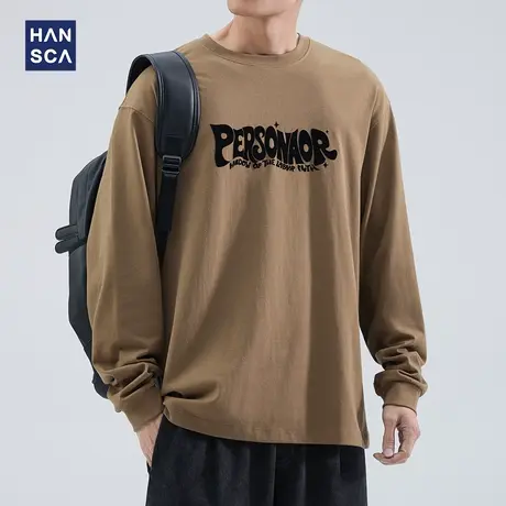 hansca 春季新款长袖t恤男圆领重磅潮流百搭简约纯棉大码套头卫衣商品大图