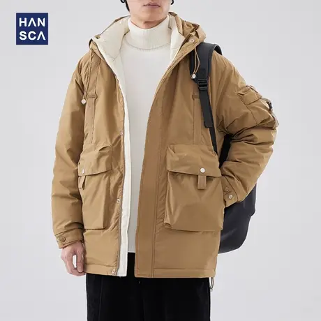 hansca日系工装多口袋羽绒服男冬季鸭绒保暖御寒户外潮牌连帽外套图片
