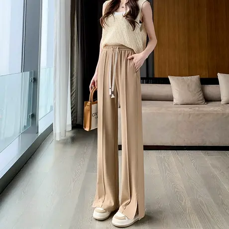 卡其色直筒休闲裤女春秋2023侧开叉高腰显瘦垂感修身窄版阔腿裤子商品大图