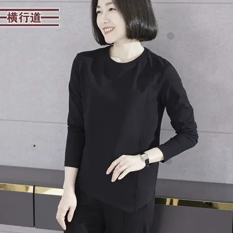 2024新款简约纯色圆领宽松下摆不规则长袖T恤女装外穿上衣服大码商品大图