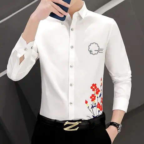 男士新款秋装长袖衬衫潮流韩版印花寸衫发型师时尚痞帅休闲衬衣图片