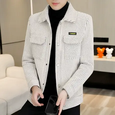 冬装男士外套潮流金貂绒短款大衣翻领男装冬季条纹毛呢子加厚夹克商品大图
