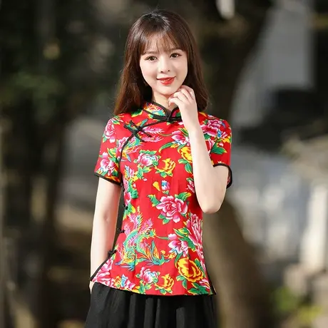 筠雅唐装女夏旗袍式上衣中国风复古优雅禅茶服乡村民俗民族风女装图片