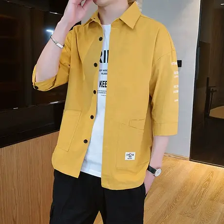 工装7七分袖衬衫男2023春夏季新款潮流棉感5五分袖春秋装短袖衬衣图片