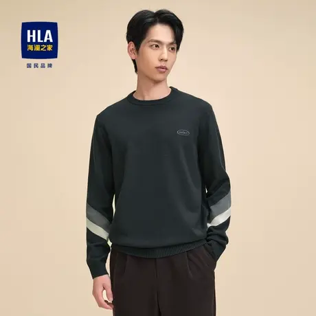 HLA/海澜之家圆领长袖针织衫23秋季新圆领字母绣花镶拼休闲毛衣男商品大图