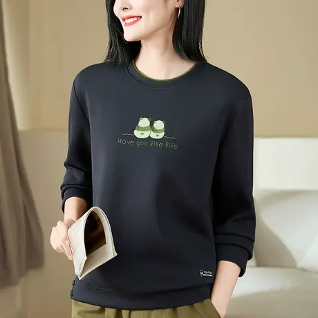 正肩圆领卫衣女春秋2023年新款时尚熊猫图案休闲上衣长袖t恤衫棉商品大图