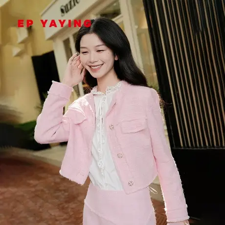 【EP雅莹×唐嫣联名系列】粉色小香风花呢外套 2023秋冬新款1262A商品大图