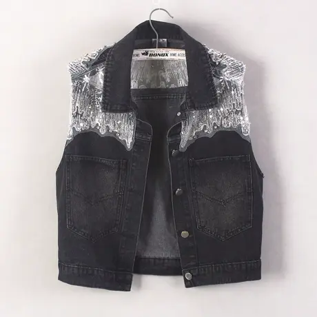 牛仔马甲女短款背心宽松春秋新款大码无袖外套显瘦外搭蕾丝花边黑商品大图