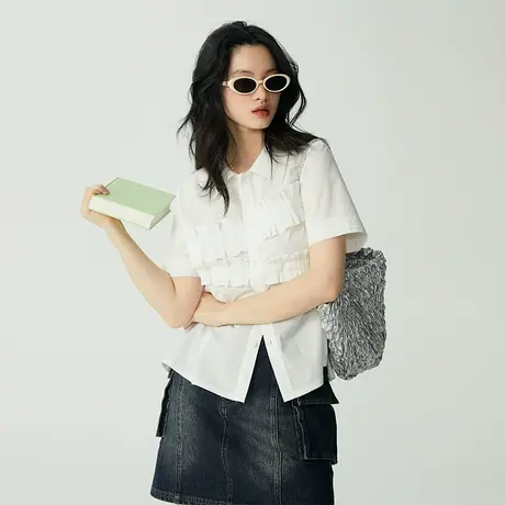 omont蛋挞家 粉色短款衬衫女夏季2023新款小个子宽松短袖衬衣上衣图片