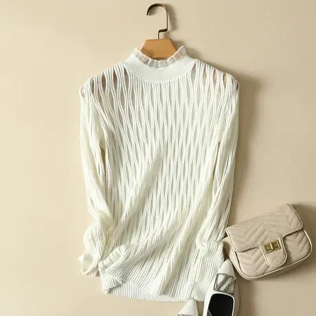 春装新款纯色镂空蕾丝半高领套头毛衣女修身弹力打底衫显瘦针织衫商品大图