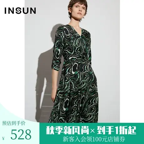 恩裳COVER2023春款新款不规则流动性线条印花V领缎面垂坠感连衣裙图片