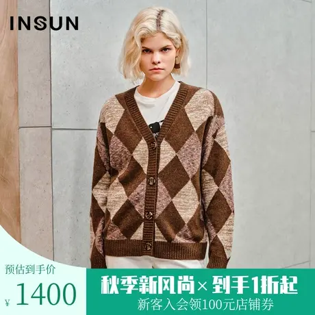 恩裳2023秋装新款美拉德牦牛绒羊毛复古菱形格针织衫开衫商品大图