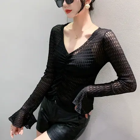 欧货性感黑色蕾丝衫女长袖时尚洋气V领喇叭袖打底衫修身百搭上衣商品大图